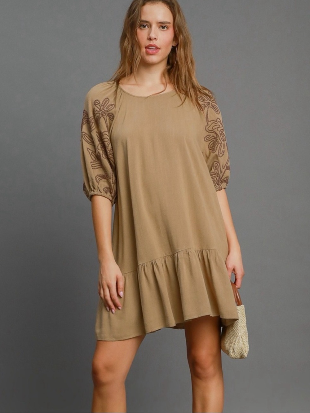 Umgee Tan Embroidered Sleeve Mini Dress
